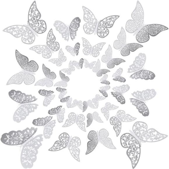 72 Pieces 3D Butterfly Wall Decals Sticker Wall Art Decorations Sticker Silver - Picture 4 of 7